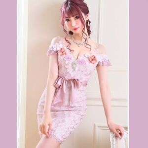 Japanese Kawaii Gyaru Lilac Floral Flower Lace Crystal Off Shoulder Mini Dress